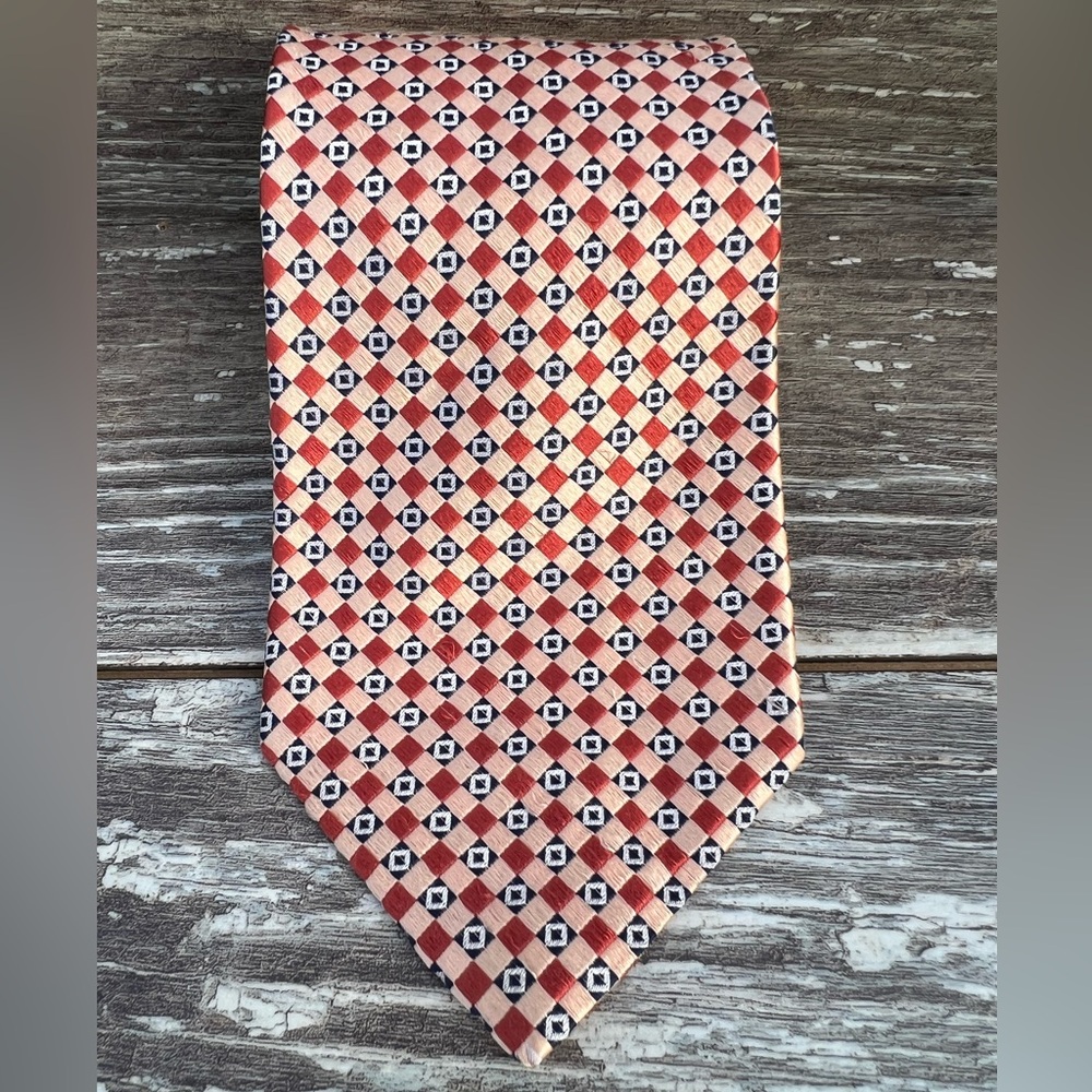 Tommy Hilfiger necktie vintage men’s tie peach blue squares‎ pattern print silk